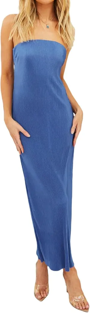 Faretumiya Strapless Skinny Maxi Dress Women Basic Sleeveless Tube Tie Back Midi Dress Ribbed Solid A-line Formal Dress
