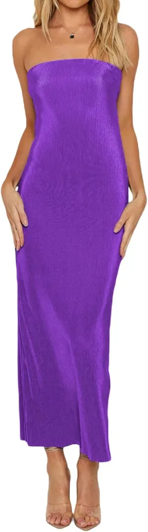 Faretumiya Strapless Skinny Maxi Dress Women Basic Sleeveless Tube Tie Back Midi Dress Ribbed Solid A-line Formal Dress