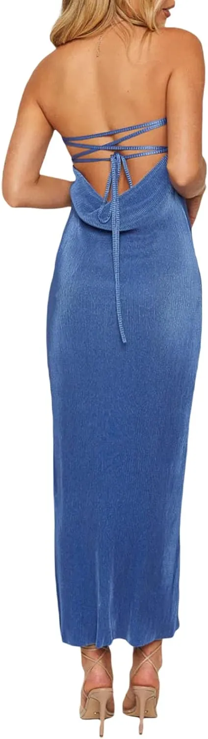Faretumiya Strapless Skinny Maxi Dress Women Basic Sleeveless Tube Tie Back Midi Dress Ribbed Solid A-line Formal Dress
