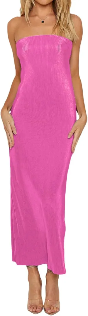 Faretumiya Strapless Skinny Maxi Dress Women Basic Sleeveless Tube Tie Back Midi Dress Ribbed Solid A-line Formal Dress