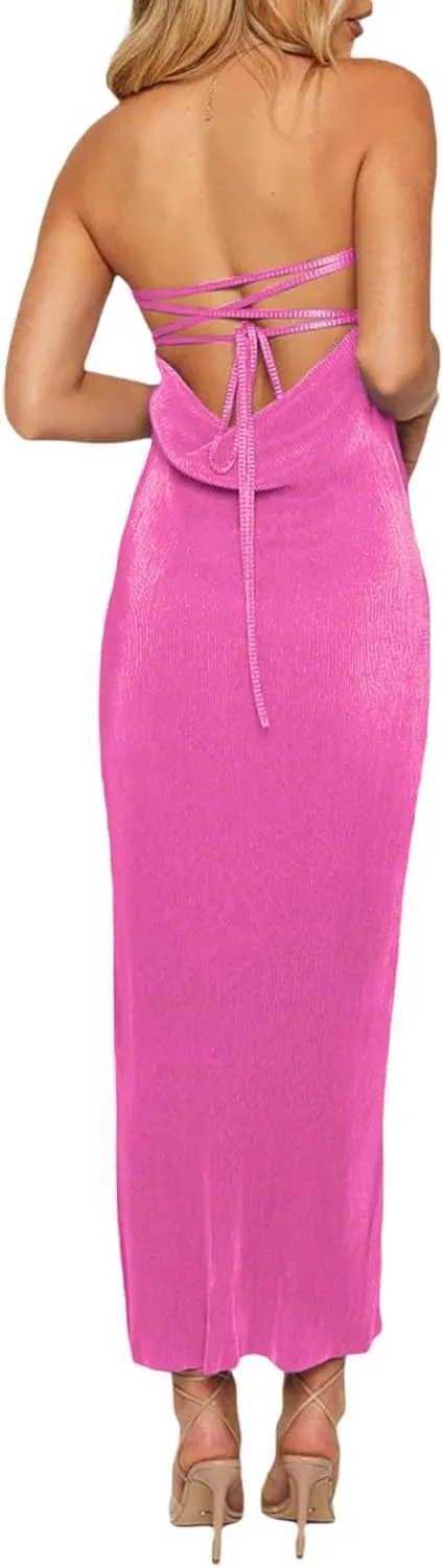 Faretumiya Strapless Skinny Maxi Dress Women Basic Sleeveless Tube Tie Back Midi Dress Ribbed Solid A-line Formal Dress
