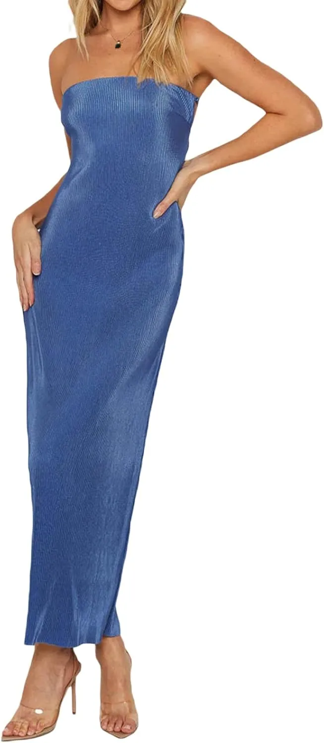 Faretumiya Strapless Skinny Maxi Dress Women Basic Sleeveless Tube Tie Back Midi Dress Ribbed Solid A-line Formal Dress
