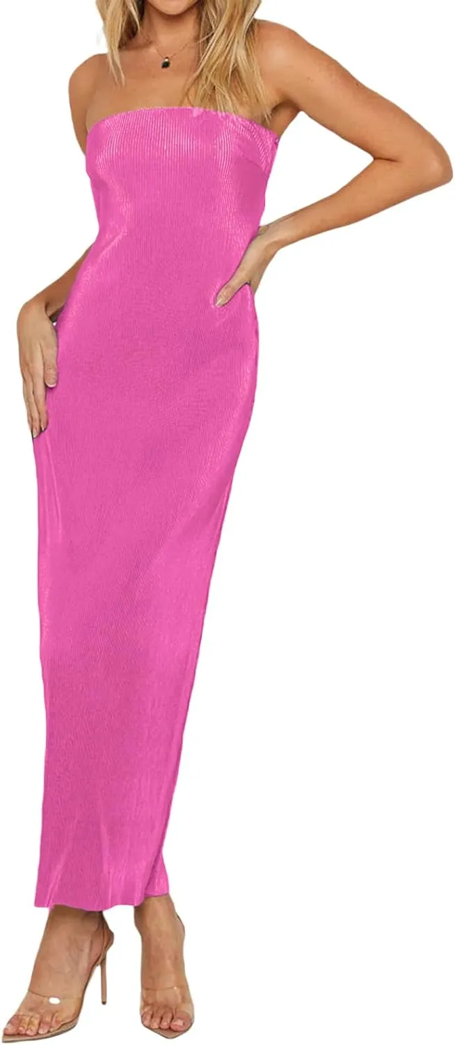 Faretumiya Strapless Skinny Maxi Dress Women Basic Sleeveless Tube Tie Back Midi Dress Ribbed Solid A-line Formal Dress