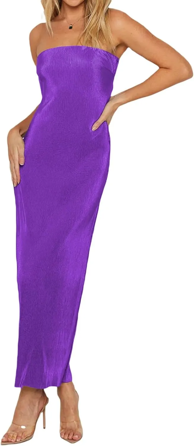 Faretumiya Strapless Skinny Maxi Dress Women Basic Sleeveless Tube Tie Back Midi Dress Ribbed Solid A-line Formal Dress