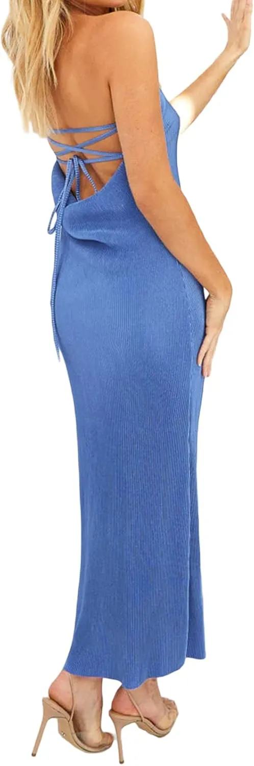Faretumiya Strapless Skinny Maxi Dress Women Basic Sleeveless Tube Tie Back Midi Dress Ribbed Solid A-line Formal Dress