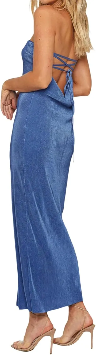 Faretumiya Strapless Skinny Maxi Dress Women Basic Sleeveless Tube Tie Back Midi Dress Ribbed Solid A-line Formal Dress