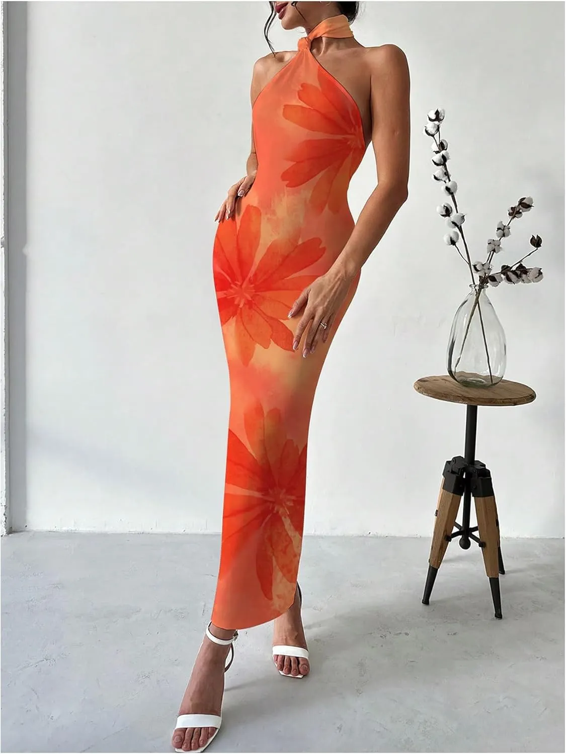 Floerns Women's Halter Neck Sleeveless Backless Bodycon Dress Cocktail Party Maxi Dresses