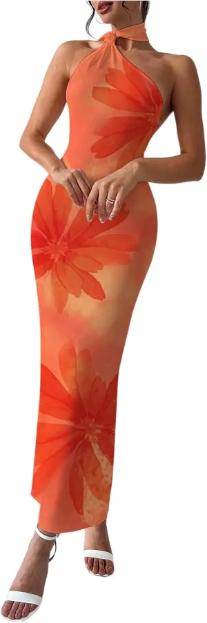 Floerns Women's Halter Neck Sleeveless Backless Bodycon Dress Cocktail Party Maxi Dresses