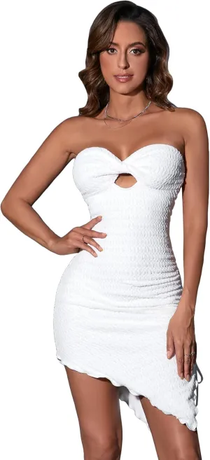 Floerns Women's Strapless Hight Slit Asymmetrical Hem Twist Front Cutout Drawstring Party Clubwear Tube Bodycon Mini Dress