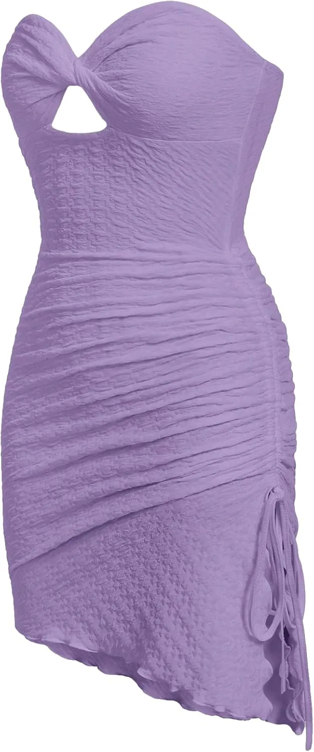 Floerns Women's Strapless Hight Slit Asymmetrical Hem Twist Front Cutout Drawstring Party Clubwear Tube Bodycon Mini Dress