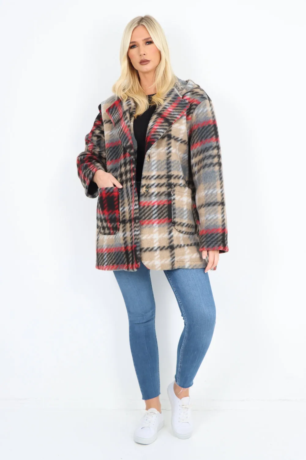 Italian Checked Line Print Button Hooded Front Pockets Coat