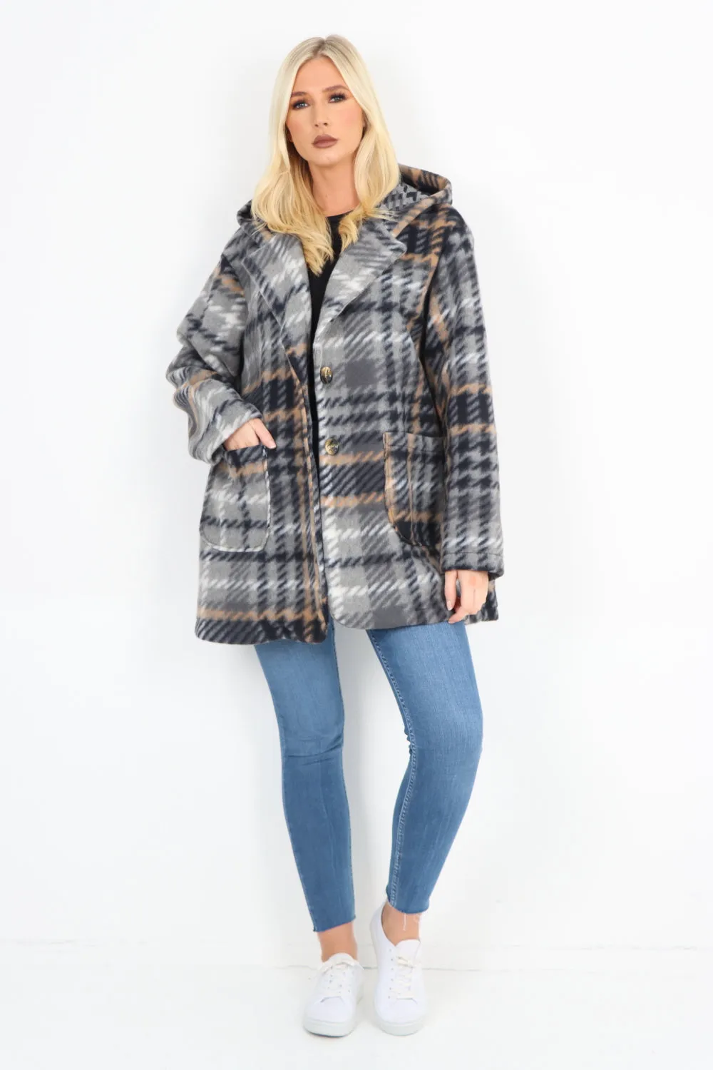 Italian Checked Line Print Button Hooded Front Pockets Coat