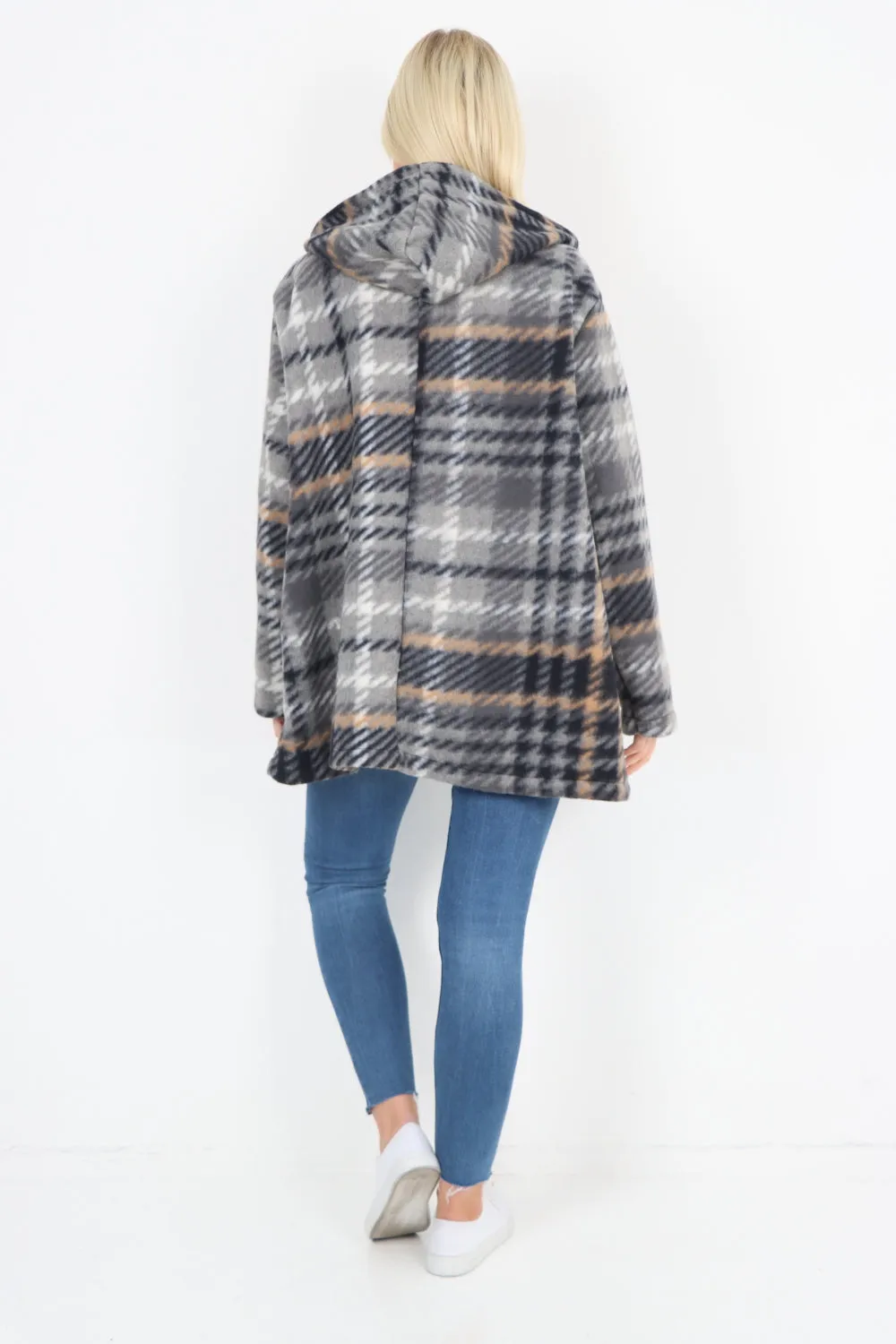 Italian Checked Line Print Button Hooded Front Pockets Coat