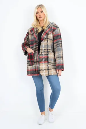 Italian Checked Line Print Button Hooded Front Pockets Coat