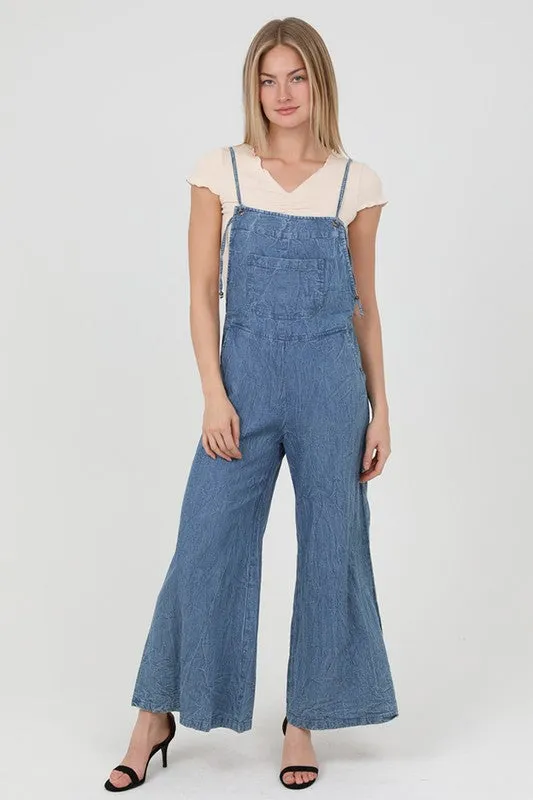 MEDIUM DENIM WIDE LEG DENIM OVERALL JUMPSUIT