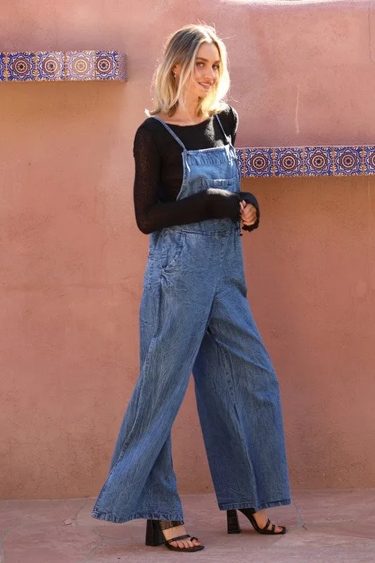 MEDIUM DENIM WIDE LEG DENIM OVERALL JUMPSUIT
