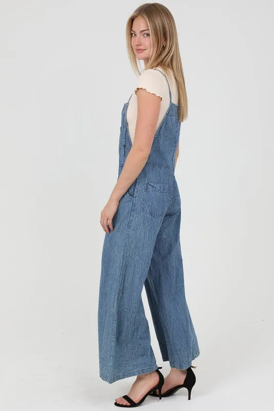 MEDIUM DENIM WIDE LEG DENIM OVERALL JUMPSUIT
