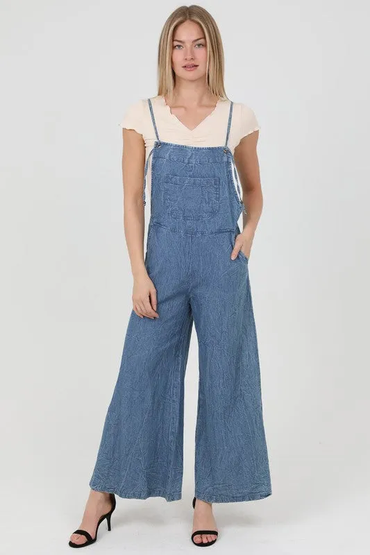 MEDIUM DENIM WIDE LEG DENIM OVERALL JUMPSUIT