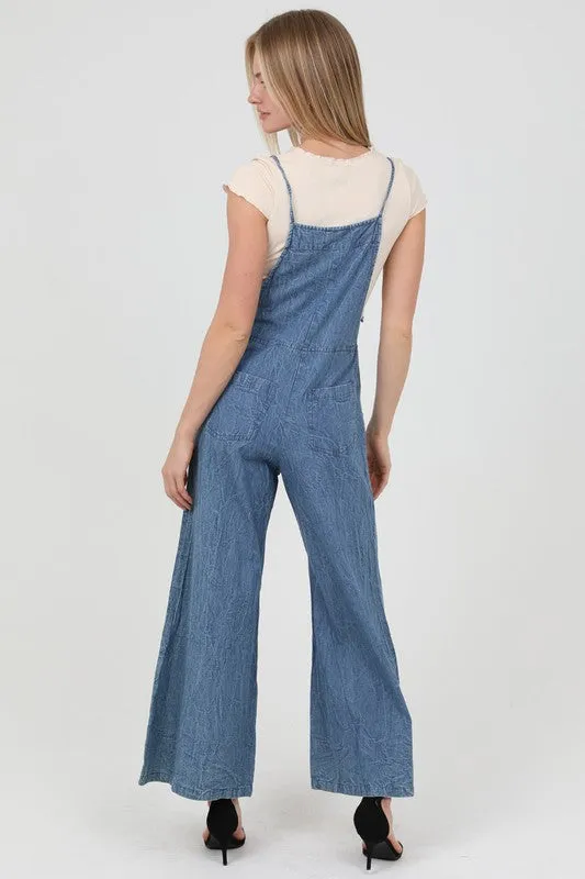 MEDIUM DENIM WIDE LEG DENIM OVERALL JUMPSUIT