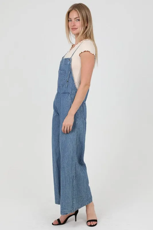MEDIUM DENIM WIDE LEG DENIM OVERALL JUMPSUIT