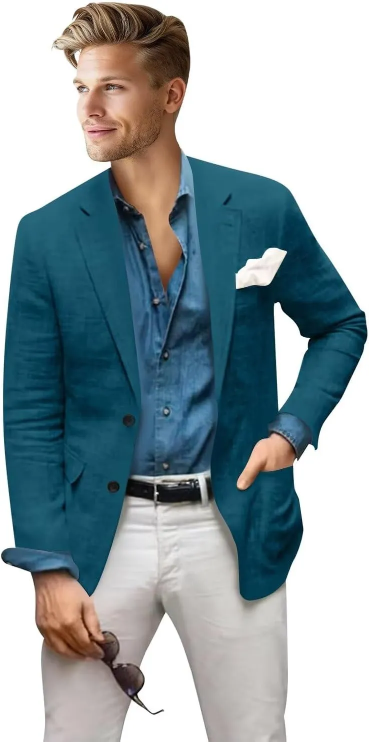 Men's Blazer Linen Jacket Regular Fit Two Buttons Casual Sport Coats Lightweight Sports Jacket