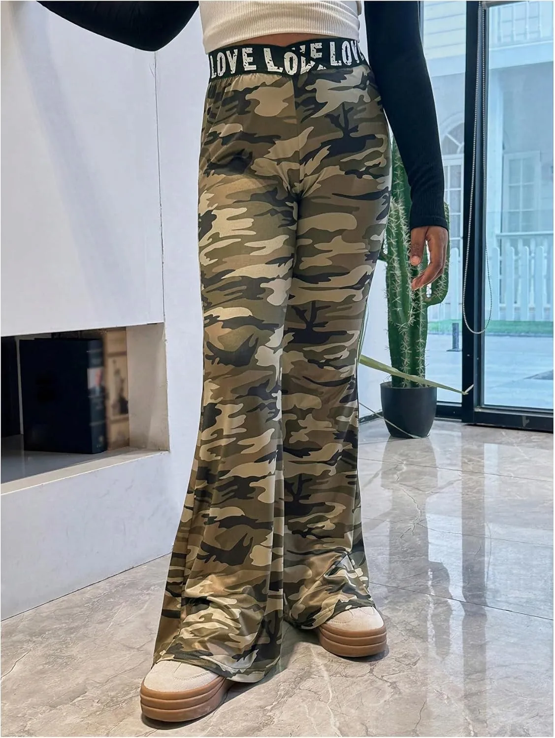 Milumia Girl's Camo Letter Print Flared Leg Long Pants Cross Waist Flared Trousers