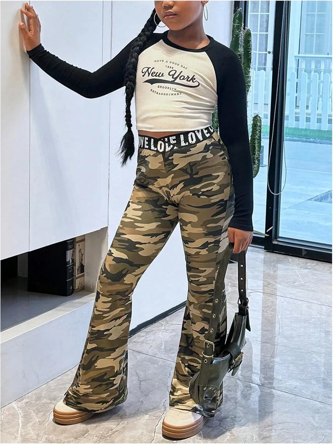 Milumia Girl's Camo Letter Print Flared Leg Long Pants Cross Waist Flared Trousers
