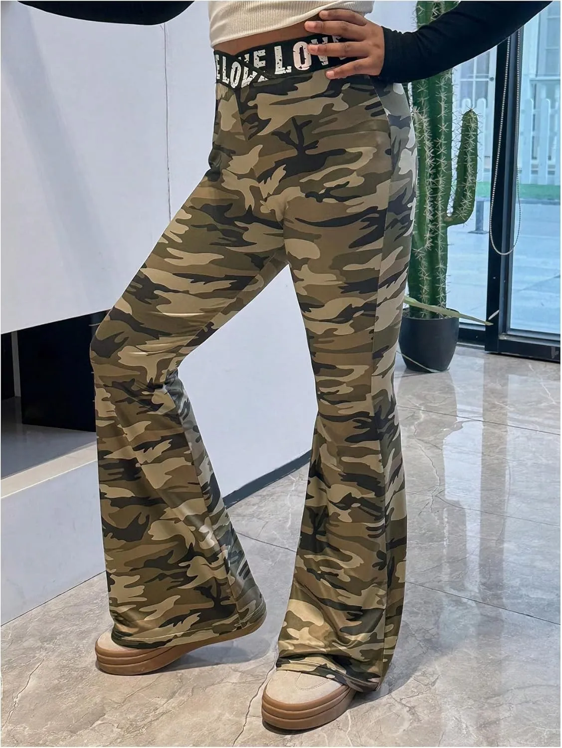 Milumia Girl's Camo Letter Print Flared Leg Long Pants Cross Waist Flared Trousers
