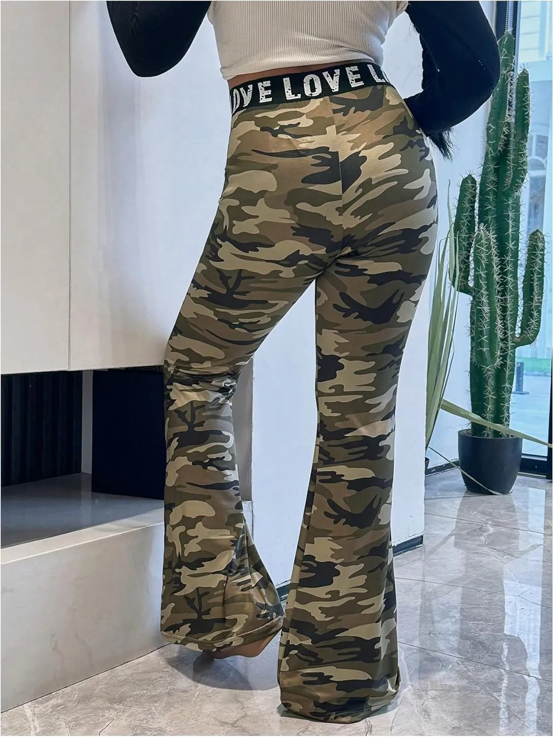 Milumia Girl's Camo Letter Print Flared Leg Long Pants Cross Waist Flared Trousers