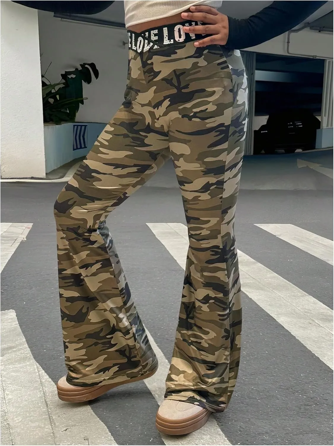Milumia Girl's Camo Letter Print Flared Leg Long Pants Cross Waist Flared Trousers