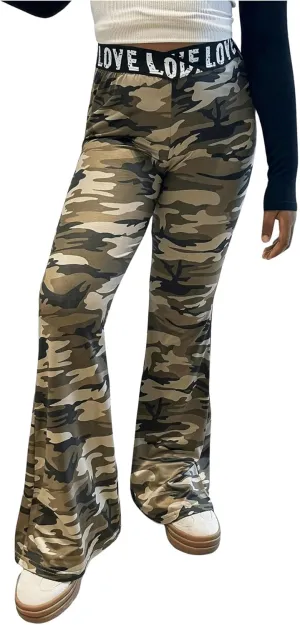 Milumia Girl's Camo Letter Print Flared Leg Long Pants Cross Waist Flared Trousers