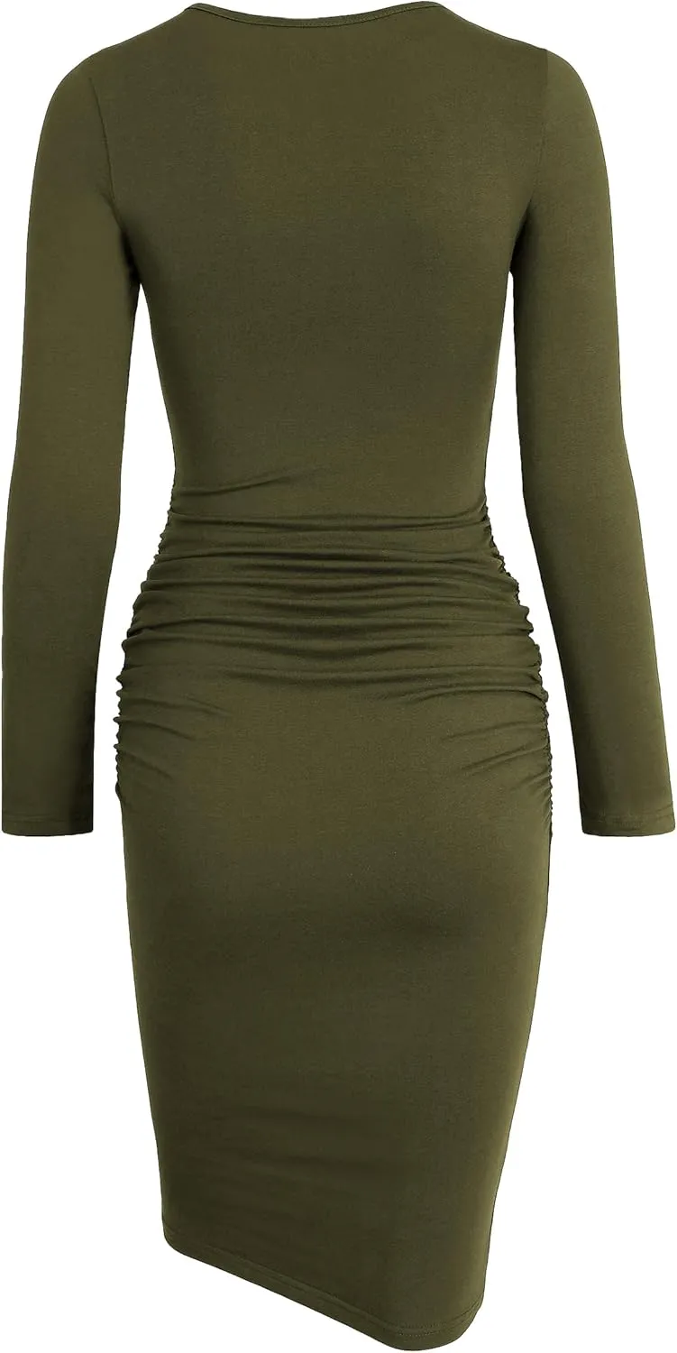 Missufe Women's Long Sleeve Ruched Casual Sundress Bodycon Sheath Knee Length Dress