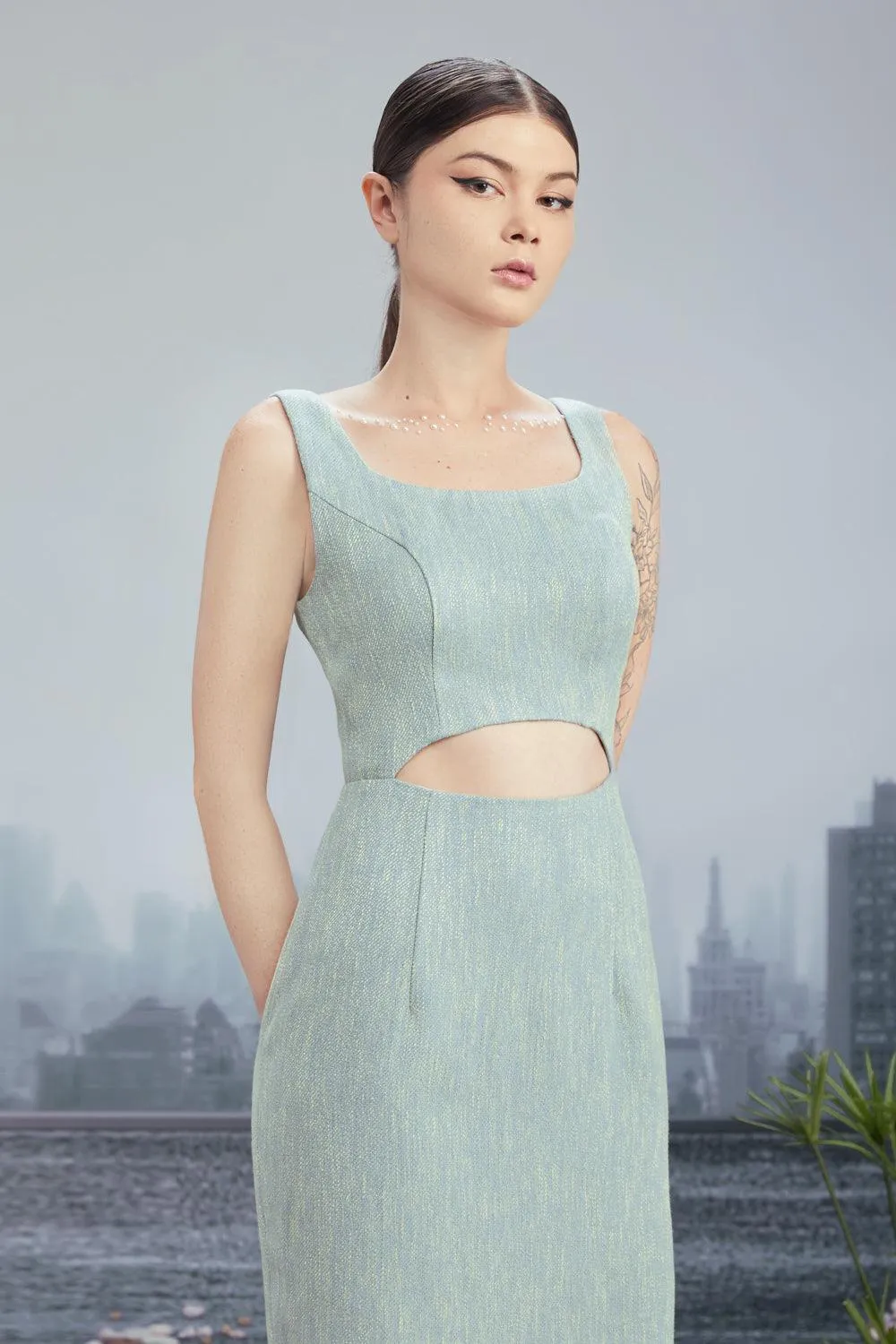 New Vintage Pencil Square Neck Tweed Knee-length Dress