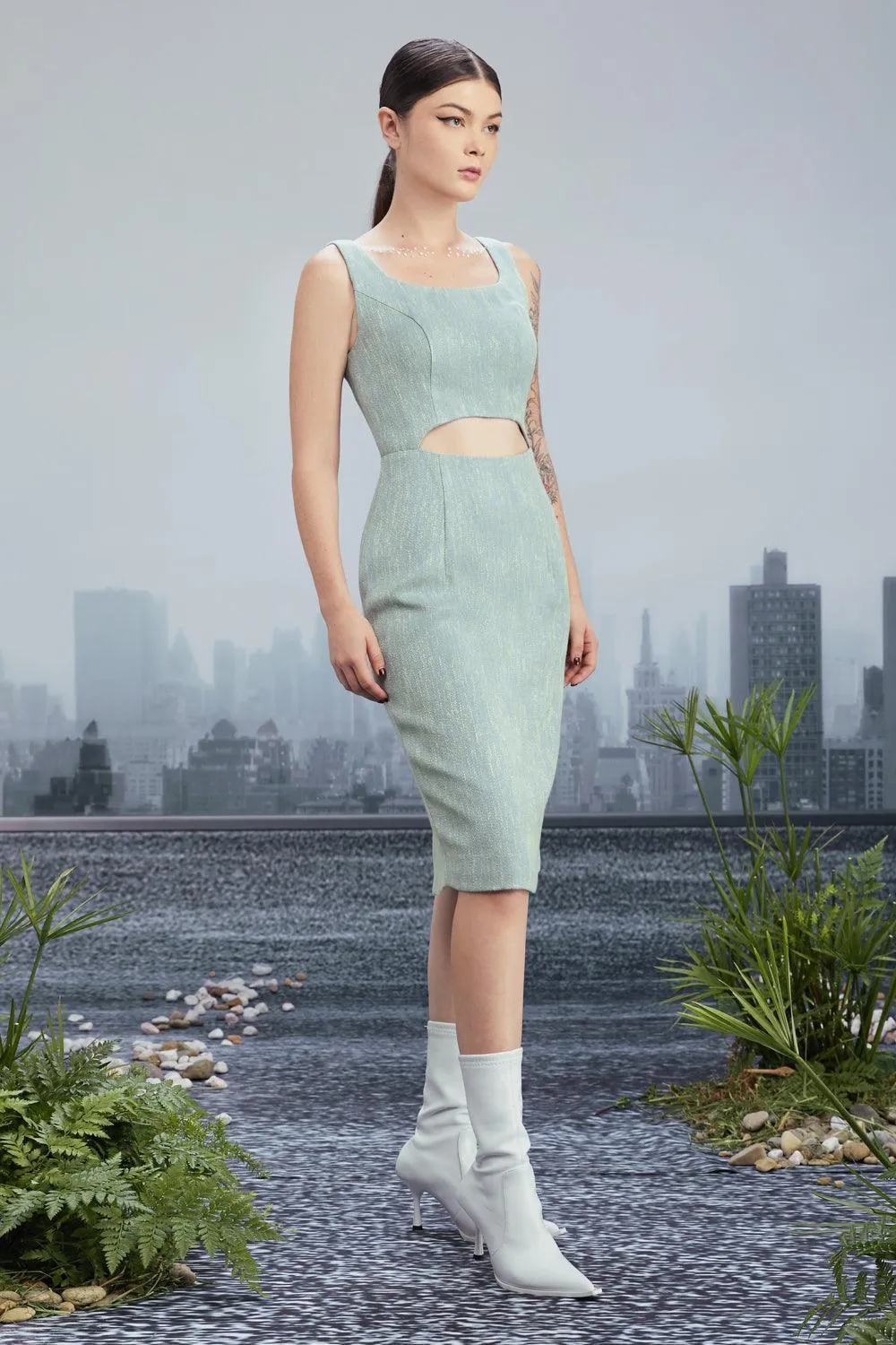 New Vintage Pencil Square Neck Tweed Knee-length Dress
