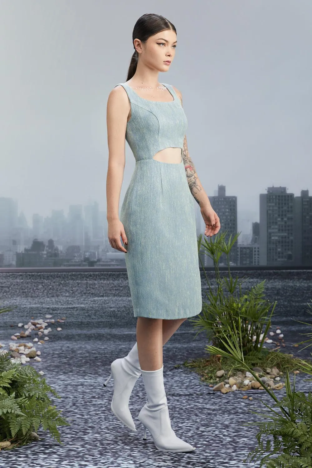 New Vintage Pencil Square Neck Tweed Knee-length Dress