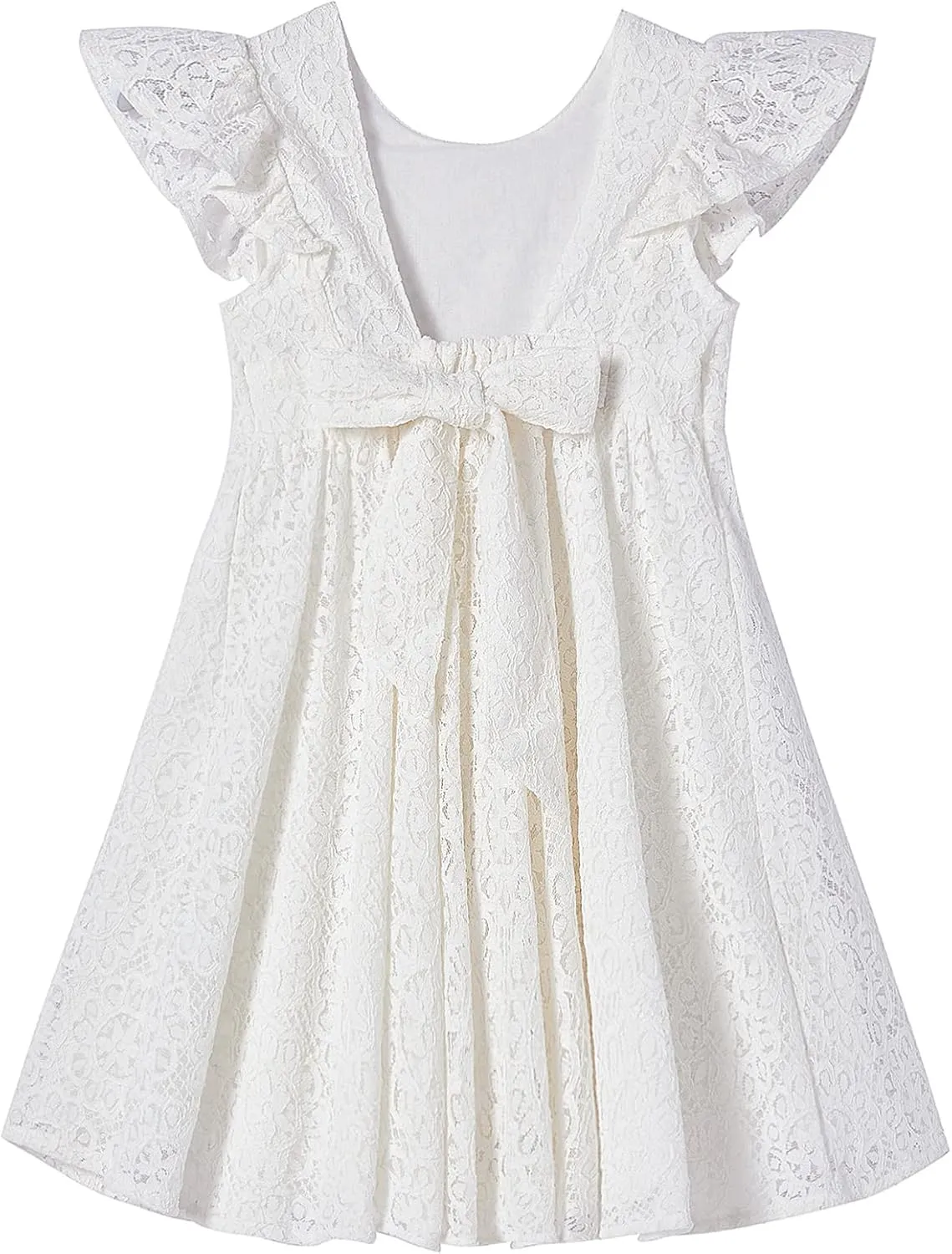 Niyage Backless Toddler Dress Open Back Girls Lace Bow Tie-Back Pom Pom Flutter Sleeves Party Princess Dresses