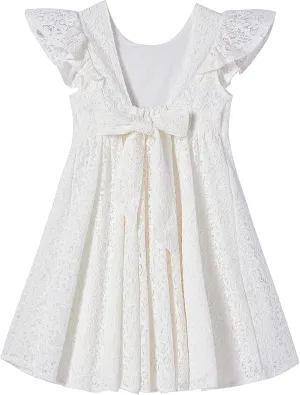 Niyage Backless Toddler Dress Open Back Girls Lace Bow Tie-Back Pom Pom Flutter Sleeves Party Princess Dresses