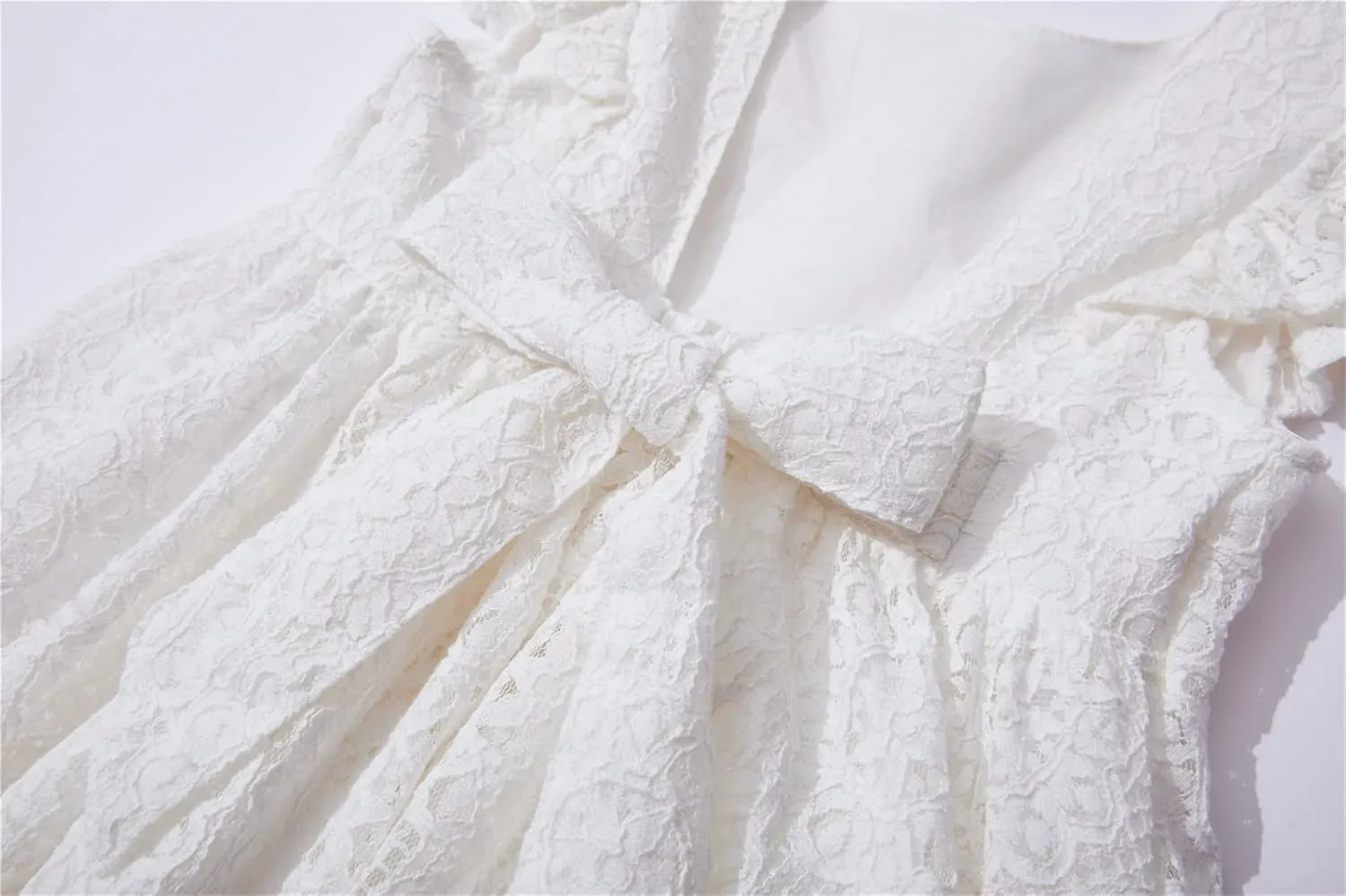 Niyage Backless Toddler Dress Open Back Girls Lace Bow Tie-Back Pom Pom Flutter Sleeves Party Princess Dresses