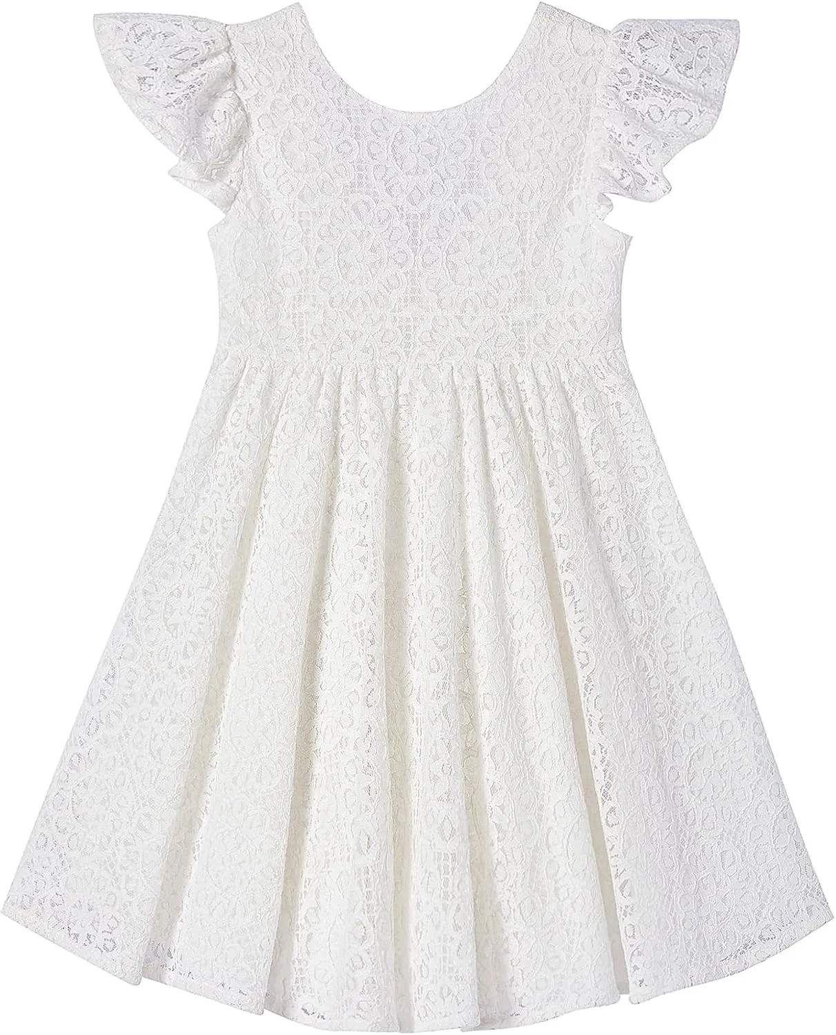 Niyage Backless Toddler Dress Open Back Girls Lace Bow Tie-Back Pom Pom Flutter Sleeves Party Princess Dresses