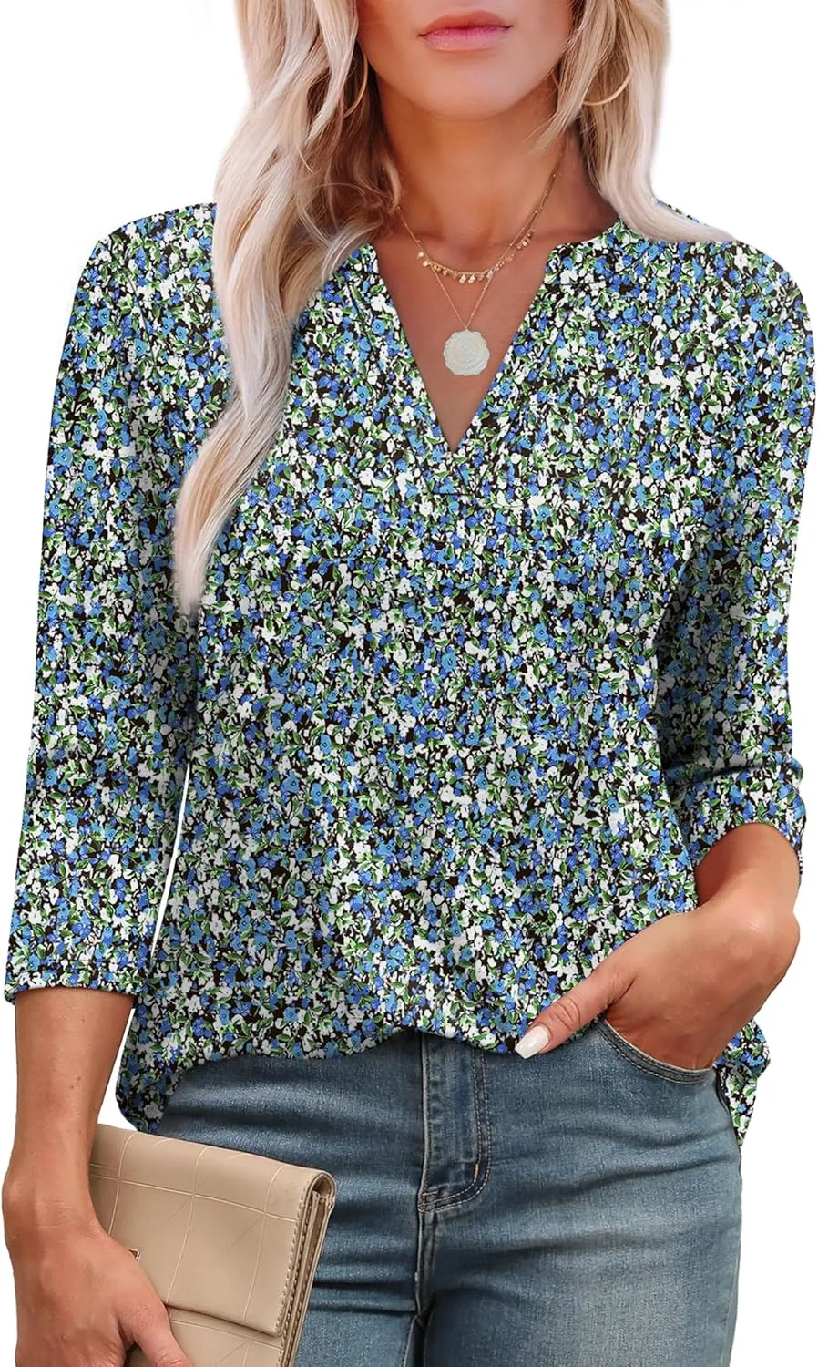 OFEEFAN 3/4 Length Sleeve Womens Tops V Neck Tunic Shirts Loose Curved Hem Blouses Dressy Casual S-3XL