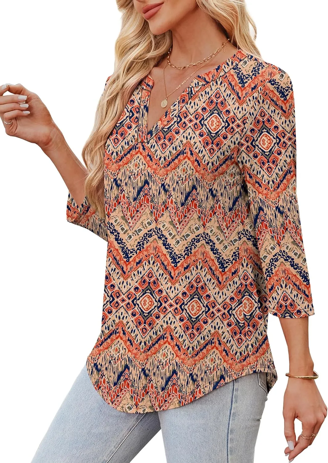 OFEEFAN 3/4 Length Sleeve Womens Tops V Neck Tunic Shirts Loose Curved Hem Blouses Dressy Casual S-3XL