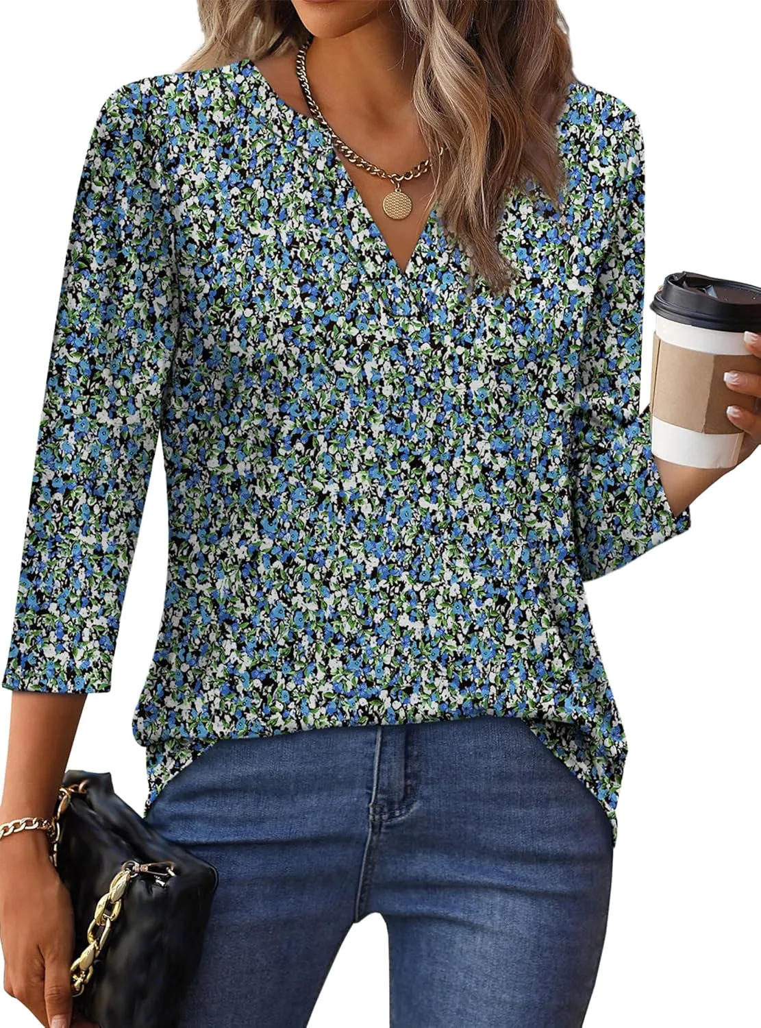 OFEEFAN 3/4 Length Sleeve Womens Tops V Neck Tunic Shirts Loose Curved Hem Blouses Dressy Casual S-3XL