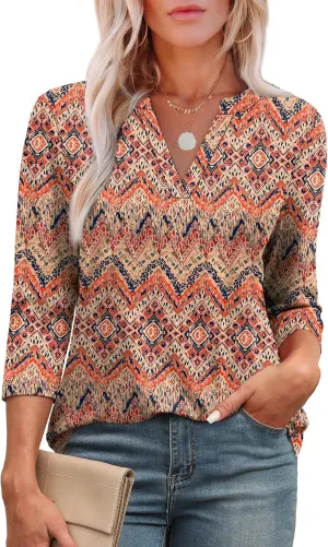 OFEEFAN 3/4 Length Sleeve Womens Tops V Neck Tunic Shirts Loose Curved Hem Blouses Dressy Casual S-3XL