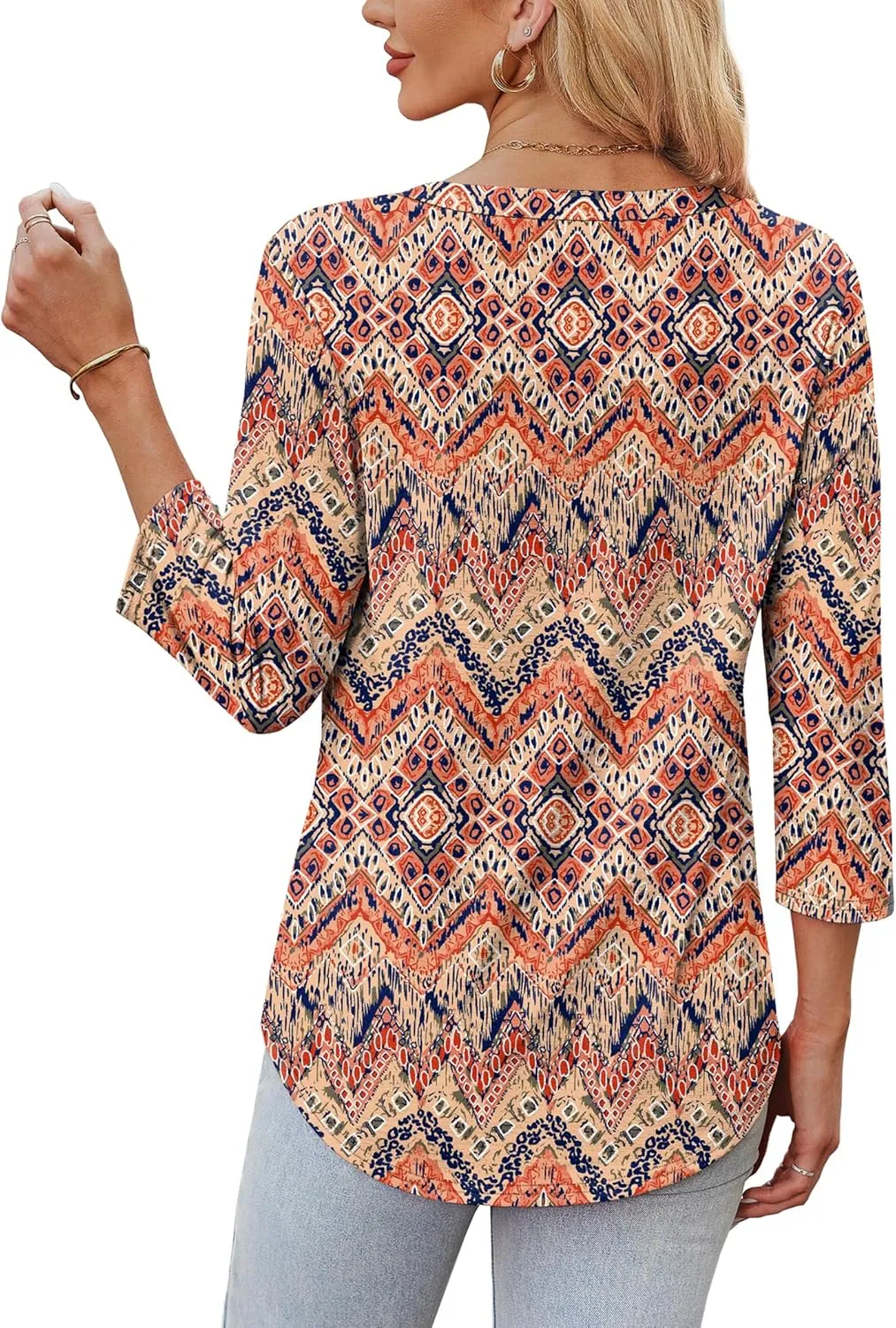 OFEEFAN 3/4 Length Sleeve Womens Tops V Neck Tunic Shirts Loose Curved Hem Blouses Dressy Casual S-3XL