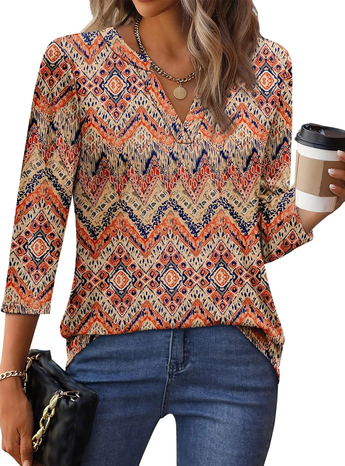 OFEEFAN 3/4 Length Sleeve Womens Tops V Neck Tunic Shirts Loose Curved Hem Blouses Dressy Casual S-3XL