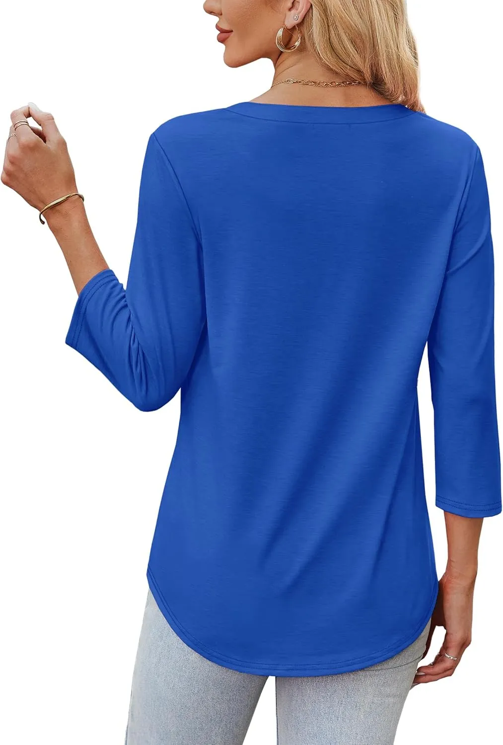 OFEEFAN 3/4 Length Sleeve Womens Tops V Neck Tunic Shirts Loose Curved Hem Blouses Dressy Casual S-3XL