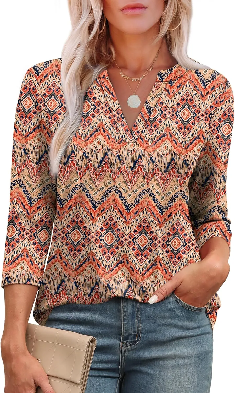 OFEEFAN 3/4 Length Sleeve Womens Tops V Neck Tunic Shirts Loose Curved Hem Blouses Dressy Casual S-3XL