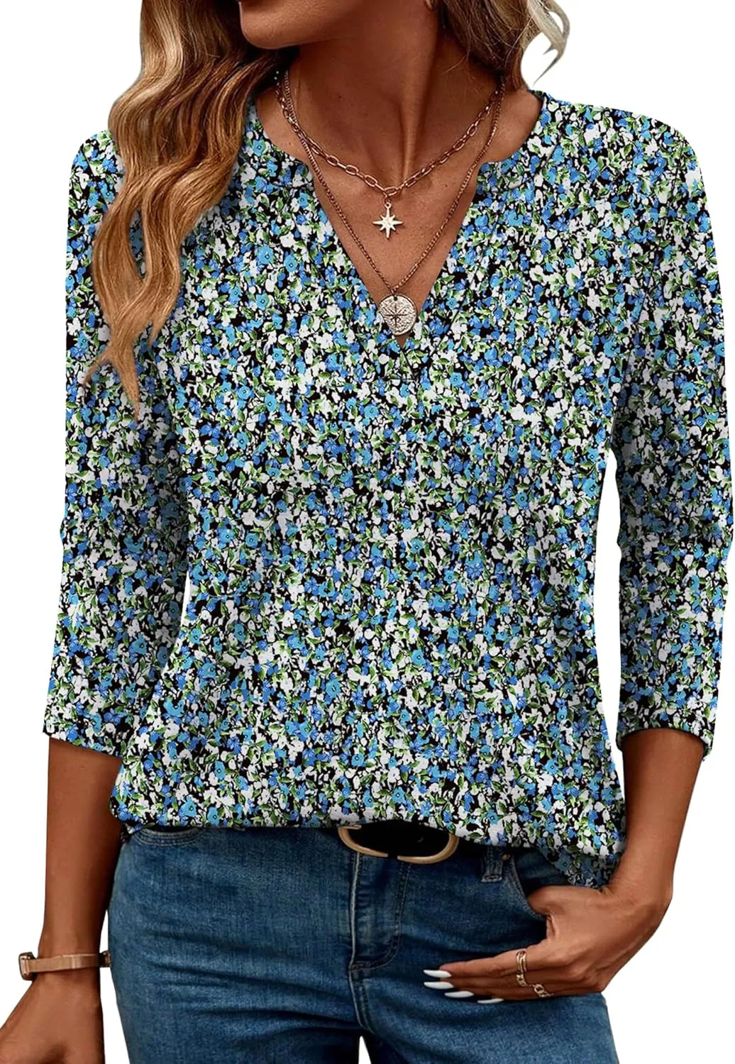 OFEEFAN 3/4 Length Sleeve Womens Tops V Neck Tunic Shirts Loose Curved Hem Blouses Dressy Casual S-3XL