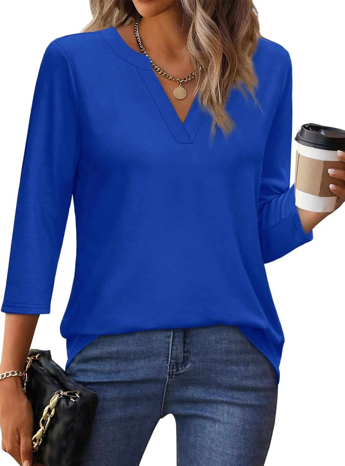 OFEEFAN 3/4 Length Sleeve Womens Tops V Neck Tunic Shirts Loose Curved Hem Blouses Dressy Casual S-3XL