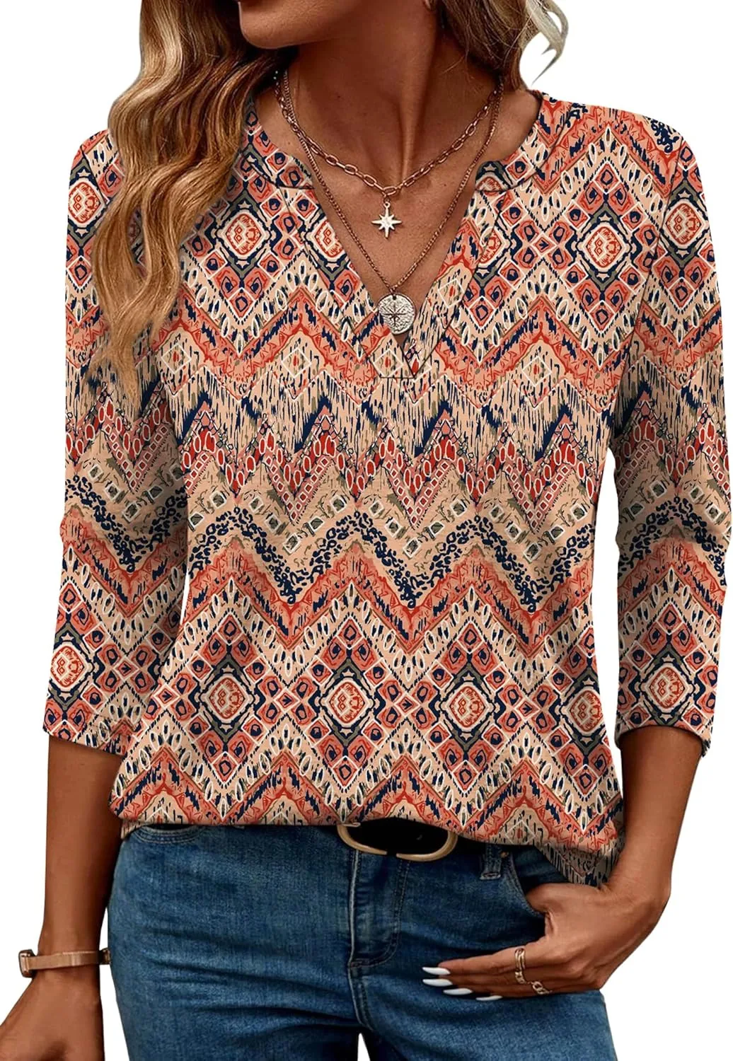 OFEEFAN 3/4 Length Sleeve Womens Tops V Neck Tunic Shirts Loose Curved Hem Blouses Dressy Casual S-3XL